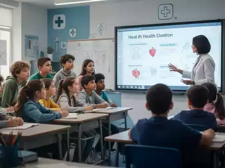SchĂŒler in einem Klassenzimmer, die einem Lehrer aufmerksam zuhören, der Gesundheitskonzepte auf einem Bildschirm erklĂ€rt. - Foto: ĂŒber boerse-global.de