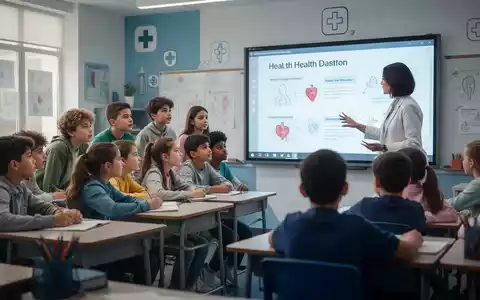 Schüler in einem Klassenzimmer, die einem Lehrer aufmerksam zuhören, der Gesundheitskonzepte auf einem Bildschirm erklärt. - Foto: über boerse-global.de