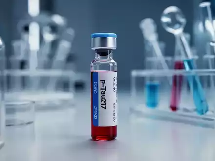 Nahaufnahme eines Reagenzglases mit der Aufschrift „p-Tau217“ in einem Labor, das medizintechnische Präzision symbolisiert. - Foto: über boerse-global.de