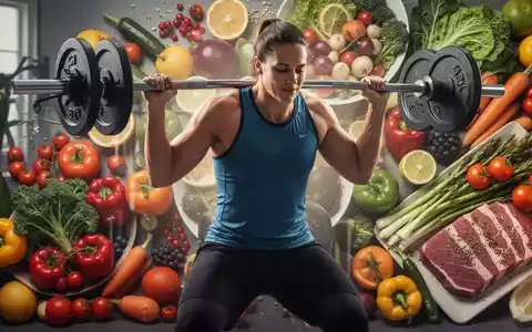 Eine Person trainiert mit Gewichten, im Hintergrund sind gesunde Lebensmittel wie Obst und Gemüse zu sehen, was Fitness und Ernährung verbindet. - Foto: über boerse-global.de