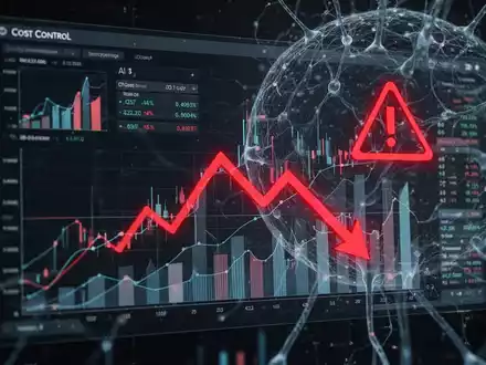 Eine digitale Schnittstelle zeigt Finanzdiagramme mit einem roten Abwärtstrend, überlagert von abstrakten KI-Neuronen, die Kostenkontrolle symbolisieren. - Foto: über boerse-global.de