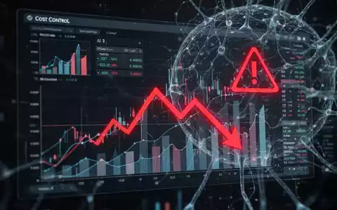 Eine digitale Schnittstelle zeigt Finanzdiagramme mit einem roten Abwärtstrend, überlagert von abstrakten KI-Neuronen, die Kostenkontrolle symbolisieren. - Foto: über boerse-global.de