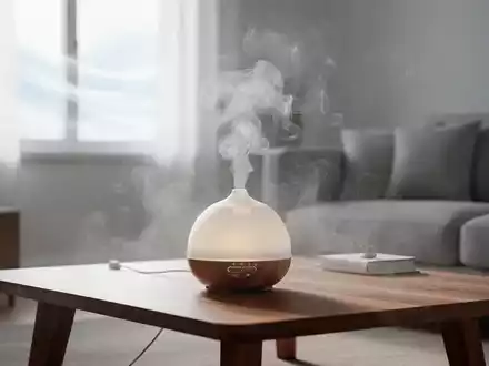 Ein minimalistisches Wohnzimmer mit einem eleganten Diffusor für ätherische Öle, der einen feinen Nebel abgibt. - Foto: über boerse-global.de