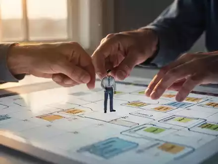 Hände platzieren eine Miniaturfigur auf einem Tagesplaner oder Scrum-Board, symbolisierend strukturiertes Aufgabenmanagement und Morgenroutine. - Foto: über boerse-global.de