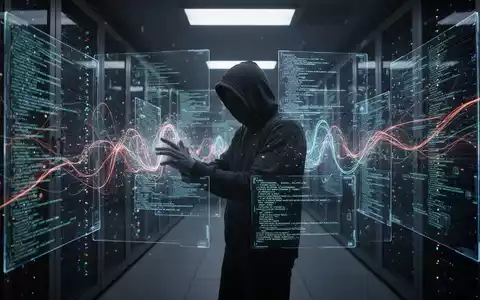Ein Schattenbild eines Hackers, der mit leuchtenden Datenströmen und Code auf transparenten Bildschirmen in einem dunklen Serverraum interagiert. - Foto: über boerse-global.de