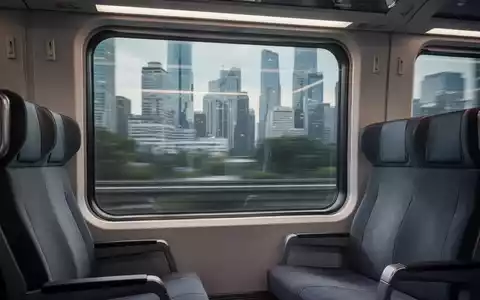 Innenansicht eines modernen Zuges mit Blick aus dem Fenster auf eine verschwommene Stadtlandschaft, die Geschäftsreisen symbolisiert. - Foto: über boerse-global.de
