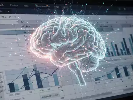 Abstraktes Bild eines leuchtenden KI-Gehirns über einer Tabellenkalkulation, das KI-gestützte Datenanalyse symbolisiert. - Foto: über boerse-global.de