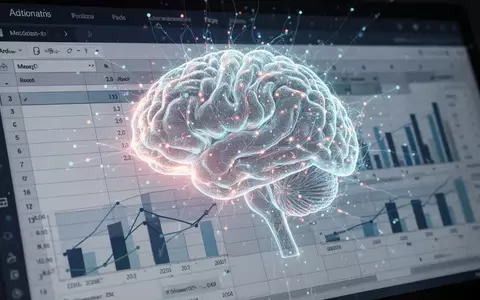 Abstraktes Bild eines leuchtenden KI-Gehirns über einer Tabellenkalkulation, das KI-gestützte Datenanalyse symbolisiert. - Foto: über boerse-global.de