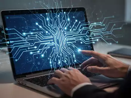 Laptop-Bildschirm mit Präsentationsfolie und leuchtender, abstrakter KI-Neuronalnetz-Grafik für Technologie und Fortschritt. - Foto: über boerse-global.de