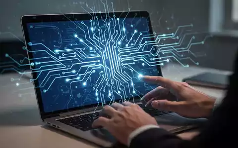 Laptop-Bildschirm mit Präsentationsfolie und leuchtender, abstrakter KI-Neuronalnetz-Grafik für Technologie und Fortschritt. - Foto: über boerse-global.de