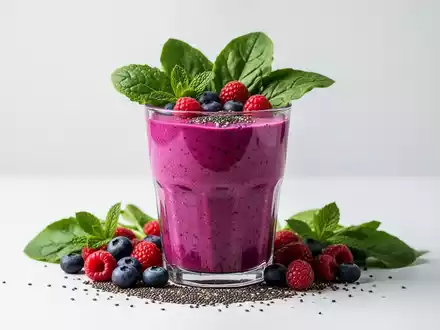 Ein appetitlicher grüner Smoothie in einem Glas, umgeben von frischen Beeren und grünem Gemüse auf einer sauberen Oberfläche. - Foto: über boerse-global.de