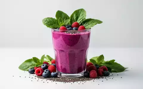 Ein appetitlicher grüner Smoothie in einem Glas, umgeben von frischen Beeren und grünem Gemüse auf einer sauberen Oberfläche. - Foto: über boerse-global.de