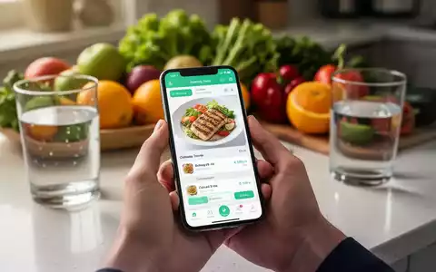 Eine Hand hält ein Smartphone mit einer App zur Essensverfolgung, im Hintergrund unscharf frisches Obst und Gemüse. - Foto: über boerse-global.de