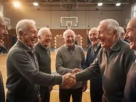 Eine Gruppe älterer Männer, einige mit grauen Haaren, lachend und Hände schüttelnd in einer Sporthalle mit Handballfeld. - Foto: über boerse-global.de