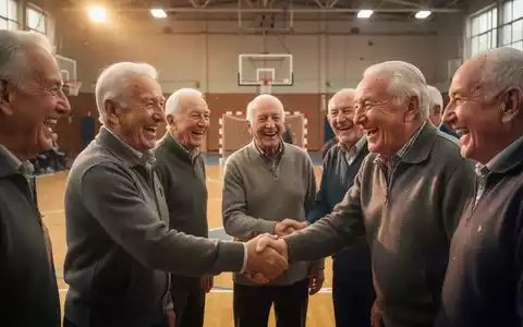Eine Gruppe älterer Männer, einige mit grauen Haaren, lachend und Hände schüttelnd in einer Sporthalle mit Handballfeld. - Foto: über boerse-global.de