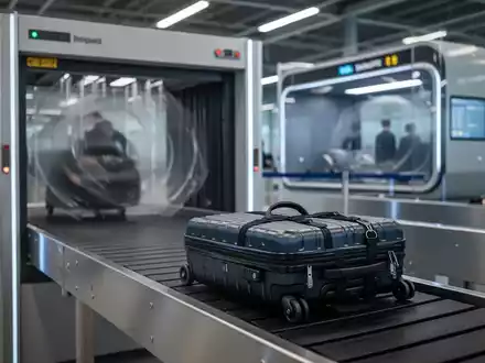 Moderner Flughafen-Sicherheitscheck mit CT-Scanner, Handgepäck auf Förderband, Fokus auf Technologie und Effizienz. - Foto: über boerse-global.de