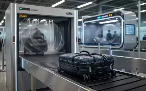 Moderner Flughafen-Sicherheitscheck mit CT-Scanner, Handgepäck auf Förderband, Fokus auf Technologie und Effizienz. - Foto: über boerse-global.de