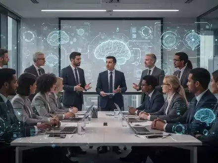 Eine Gruppe von Fachleuten bei einer KI-Schulung, mit digitalen Schnittstellen im Hintergrund, die Lernen und Compliance symbolisieren. - Foto: über boerse-global.de
