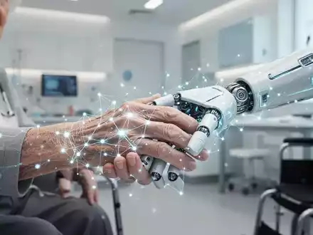 Stilisierte KI über Roboterhand, die die Hand einer älteren Person hält. - Foto: über boerse-global.de