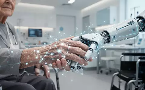 Stilisierte KI über Roboterhand, die die Hand einer älteren Person hält. - Foto: über boerse-global.de