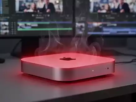 Apple Mac Mini M4 Pro auf einem Schreibtisch mit subtiler roter Wärmeüberlagerung, die Hitze anzeigt. Ein unscharfer Monitor im Hintergrund. - Foto: über boerse-global.de