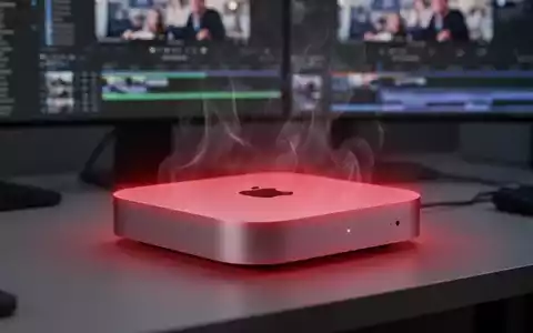 Apple Mac Mini M4 Pro auf einem Schreibtisch mit subtiler roter Wärmeüberlagerung, die Hitze anzeigt. Ein unscharfer Monitor im Hintergrund. - Foto: über boerse-global.de