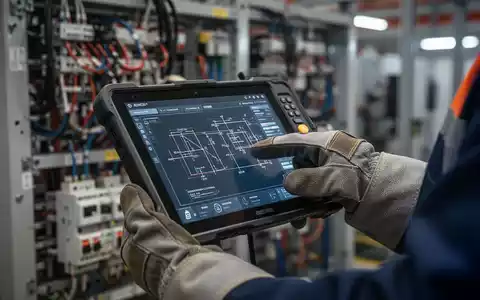 Eine Hand in einem Arbeitshandschuh bedient ein Tablet mit Daten, im Hintergrund unscharfe elektrische Maschinen. Fokus auf Sicherheit und Technologie. - Foto: über boerse-global.de