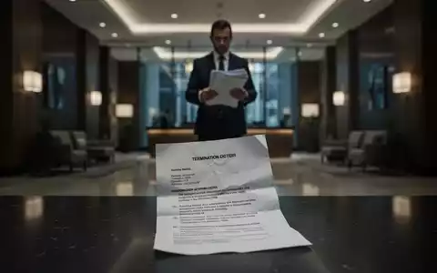 Ein zerknitterter Kündigungsbrief liegt auf einem Tisch in einer modernen Hotellobby, im Hintergrund eine verschwommene Person. - Foto: über boerse-global.de