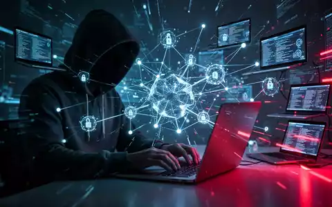 Eine Person im Hoodie, die vor einem Laptop sitzt, umgeben von einem leuchtenden, vernetzten Netz digitaler Geräte, das ein zerschlagenes Botnetz darstellt. - Foto: über boerse-global.de
