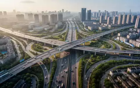 Eine Luftaufnahme einer modernen Autobahnkreuzung mit mehreren Ebenen und Brücken, umgeben von Stadtlandschaft und Grünflächen. - Foto: über boerse-global.de