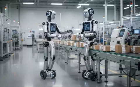 Ein radgetriebener humanoider Roboter mit Gelenkarmen arbeitet an einem Fließband in einer modernen Fabrik. - Foto: über boerse-global.de