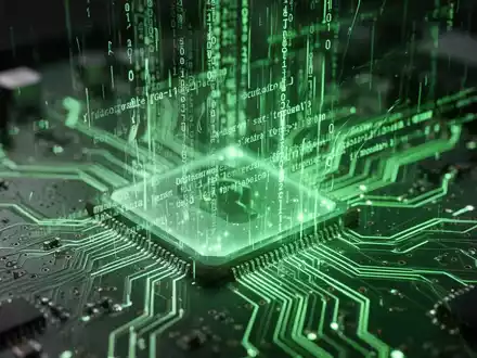 Nahaufnahme einer leuchtend grünen Platine mit digitalen Codezeilen, die eine Software-Sicherheitslücke und Datenleck symbolisiert. - Foto: über boerse-global.de