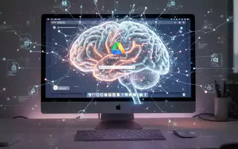 Ein leuchtendes KI-Netzwerk über einem Desktop-Bildschirm mit Google Drive, das die KI-Integration in Arbeitsabläufe symbolisiert. - Foto: über boerse-global.de