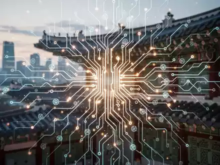 Stilisierte neuronale Netzstruktur mit leuchtenden Linien, koreanische Architekturmuster, verschwommene Stadtlandschaft in der Dämmerung. - Foto: über boerse-global.de