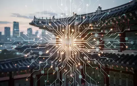 Stilisierte neuronale Netzstruktur mit leuchtenden Linien, koreanische Architekturmuster, verschwommene Stadtlandschaft in der Dämmerung. - Foto: über boerse-global.de
