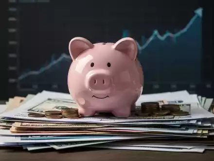 Eine stilvolle Spardose auf einem Stapel von Finanzdokumenten und Münzen, mit einem unscharfen, aufsteigenden Diagramm im Hintergrund. - Foto: über boerse-global.de