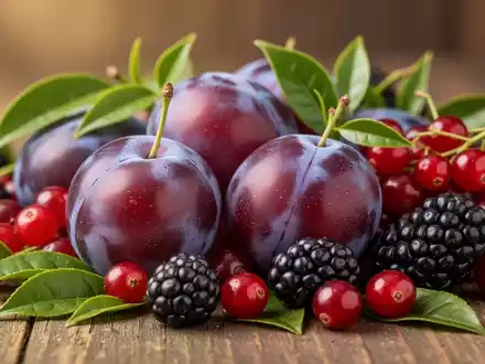 Nahaufnahme von frischen Pflaumen, Preiselbeeren und Brombeeren, arrangiert mit grünen Teeblättern, die natürliche Herzgesundheit symbolisieren. - Foto: über boerse-global.de