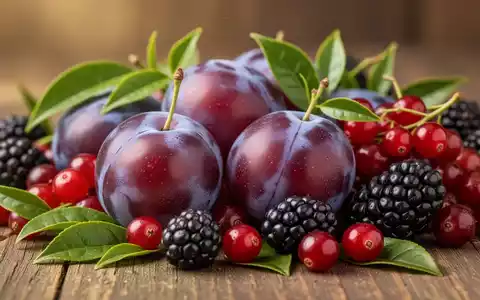 Nahaufnahme von frischen Pflaumen, Preiselbeeren und Brombeeren, arrangiert mit grünen Teeblättern, die natürliche Herzgesundheit symbolisieren. - Foto: über boerse-global.de