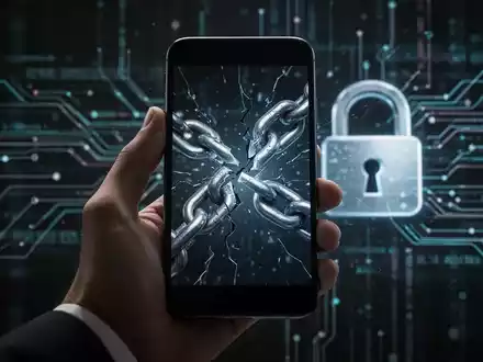 Eine Hand hält ein Smartphone, dessen Bildschirm eine gebrochene Kette zeigt, mit abstrakten digitalen Linien im Hintergrund. - Foto: über boerse-global.de
