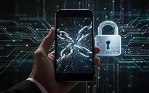 Eine Hand hält ein Smartphone, dessen Bildschirm eine gebrochene Kette zeigt, mit abstrakten digitalen Linien im Hintergrund. - Foto: über boerse-global.de