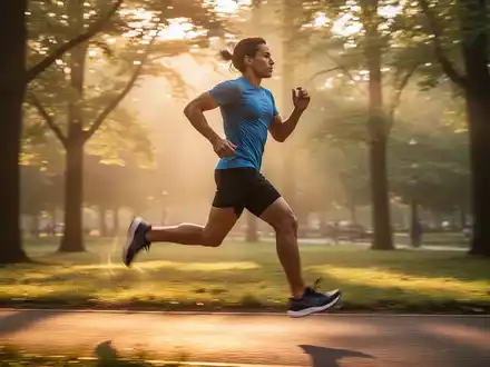 Eine Person in Sportkleidung läuft dynamisch im Sonnenlicht durch einen Park, um Bewegung und Wohlbefinden darzustellen. - Foto: über boerse-global.de