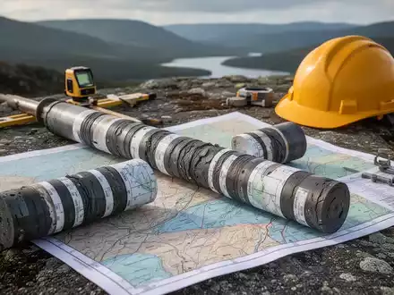 Eine Nahaufnahme einer geologischen Karte mit Markierungen für Bohrpunkte, im Hintergrund angedeutet eine raue Landschaft. - Foto: über boerse-global.de