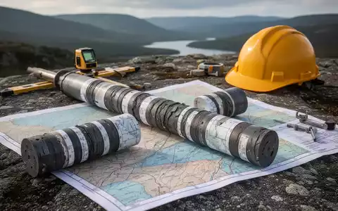 Eine Nahaufnahme einer geologischen Karte mit Markierungen für Bohrpunkte, im Hintergrund angedeutet eine raue Landschaft. - Foto: über boerse-global.de