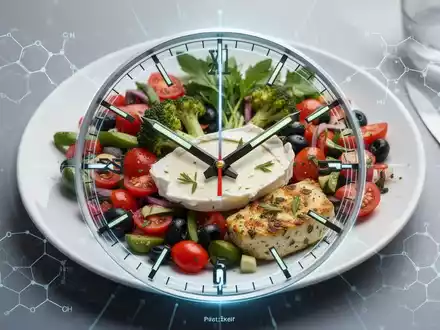 Eine Uhr, deren Zeiger eine frühe Essenszeit anzeigen, überlagert ein Teller mit gesunden, mediterranen Speisen, symbolisiert Intervallfasten. - Foto: über boerse-global.de