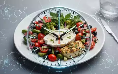 Eine Uhr, deren Zeiger eine frühe Essenszeit anzeigen, überlagert ein Teller mit gesunden, mediterranen Speisen, symbolisiert Intervallfasten. - Foto: über boerse-global.de