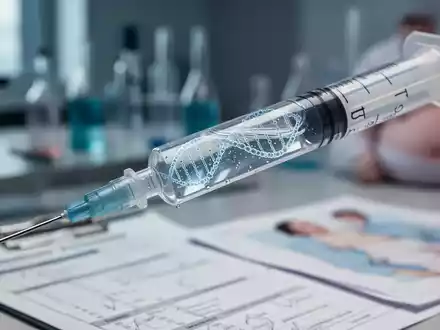 Eine moderne medizinische Spritze mit einer klaren Flüssigkeit, die eine DNA-Helix reflektiert, vor unscharfem medizinischem Hintergrund. - Foto: über boerse-global.de