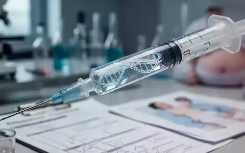 Eine moderne medizinische Spritze mit einer klaren FlĂŒssigkeit, die eine DNA-Helix reflektiert, vor unscharfem medizinischem Hintergrund. - Foto: ĂŒber boerse-global.de