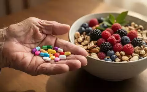 Eine ältere Hand hält Medikamente neben einer Schale mit gesunden Lebensmitteln, die Ernährung und Medikation im Alter symbolisieren. - Foto: über boerse-global.de