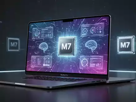 Schlankes, futuristisches MacBook Pro Konzept mit lebendigem OLED-Touchscreen und leuchtendem M7-Chip-Symbol im Hintergrund. - Foto: über boerse-global.de