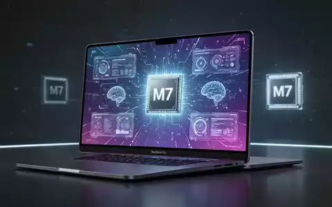 Schlankes, futuristisches MacBook Pro Konzept mit lebendigem OLED-Touchscreen und leuchtendem M7-Chip-Symbol im Hintergrund. - Foto: über boerse-global.de
